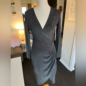 Express Shimmery Black Long Sleeve Wrap Party Dress